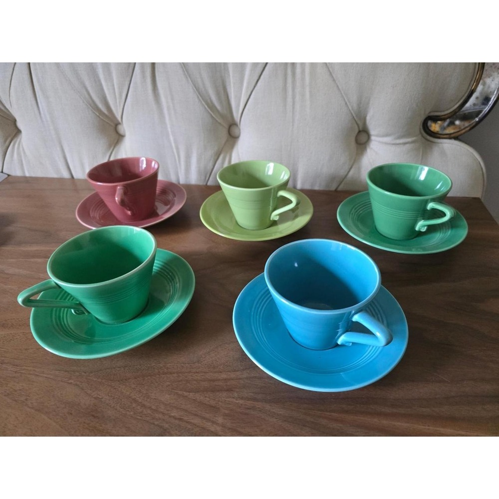 Vintage Fiesta Style Coffee Cup & Saucer Set – 5 Colorful Cups with Saucers - Picture 5 of 6